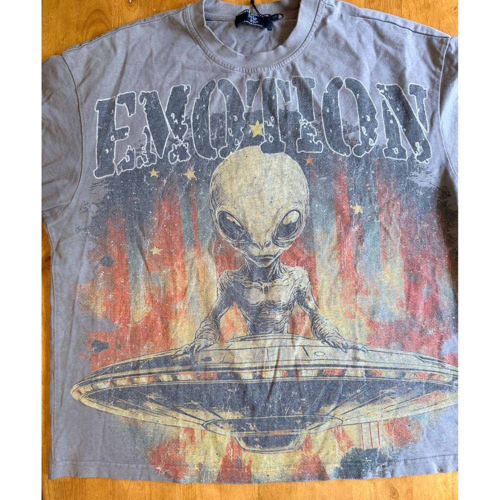 Mixed Emotion Alien UFO Graphic T-Shirt Brown Streetwear Mens XL Boxy Distressed